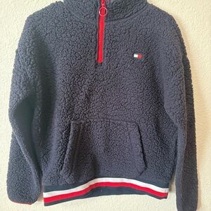 Tommy Hilfiger Men's Dark Blue Zip-Up Sweater with Red Trim